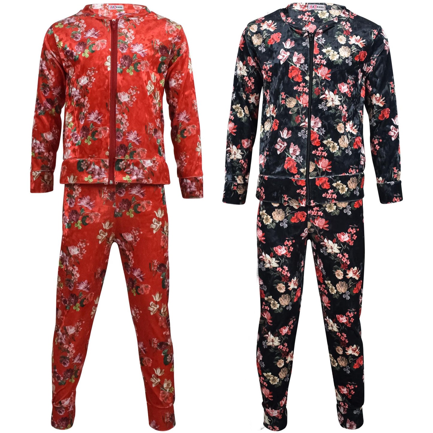 Girls Jogging Suit Floral Print Zip Up Velour Set Top Bottom Outfit Clothing Set