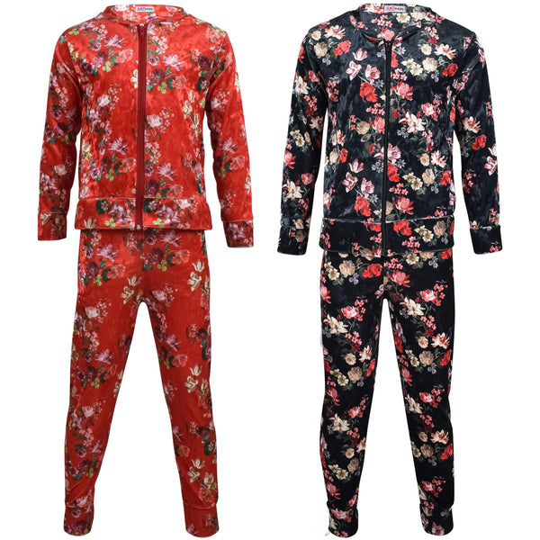 Girls Jogging Suit Floral Print Zip Up Velour Set Top Bottom Outfit Clothing Set