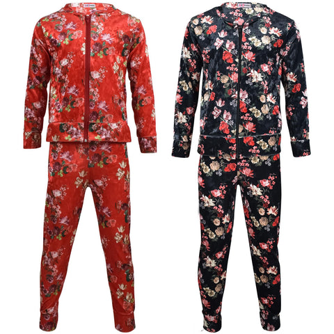Girls Jogging Suit Floral Print Zip Up Velour Set Top Bottom Outfit Clothing Set