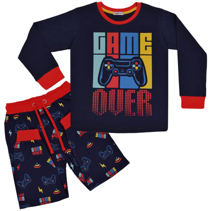 Kids Girls Boys Pyjamas Game Over Contrast Top Bottom 2 Piece PJS Sleepwear Set
