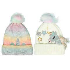Kids Girls 2 Pack Cable Knit Hat Unicorn Bobble Beanie Pom Pom Warm Winter Hat