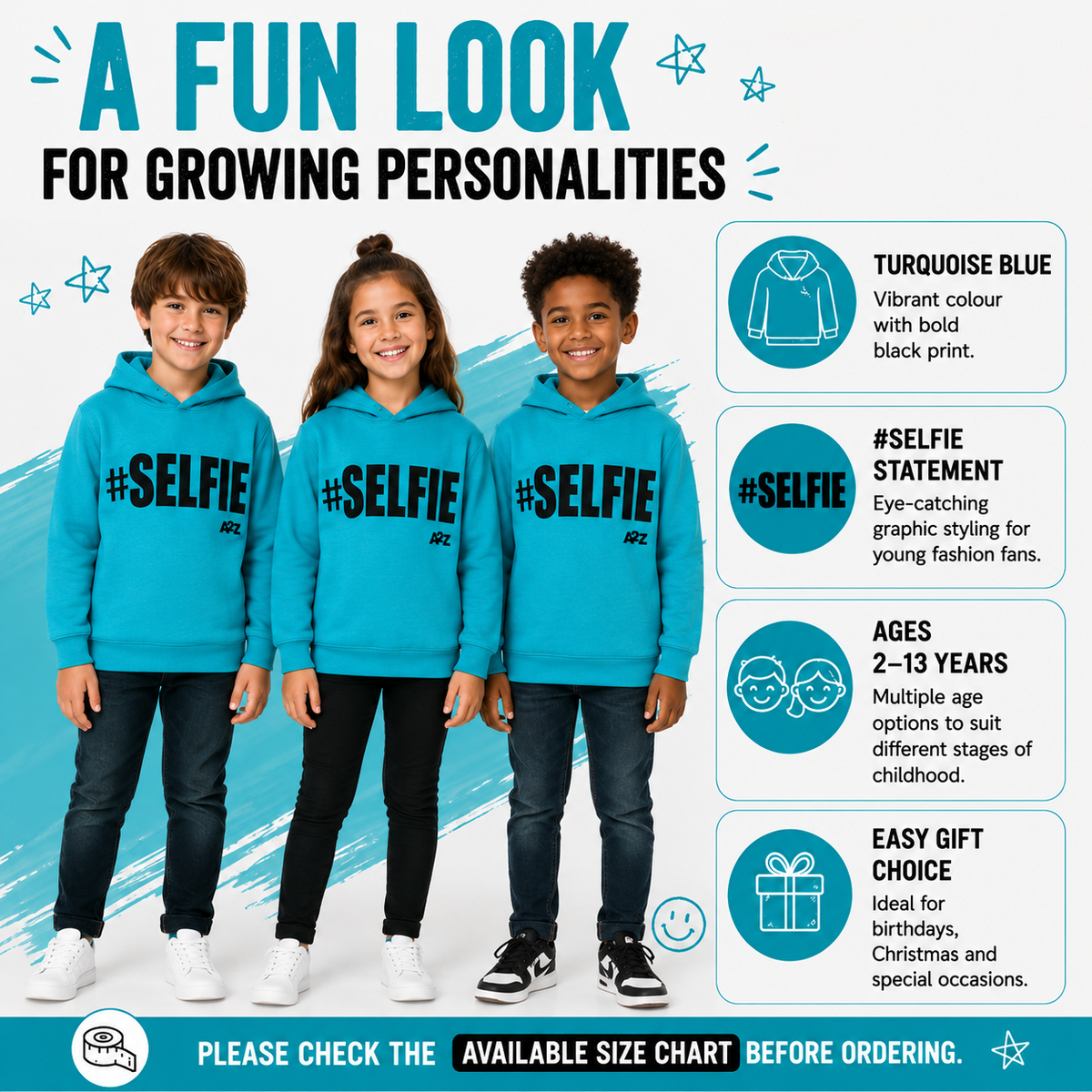 Kids Girls Boys Sweat Shirts Tops #Selfie Hooded Jumpers Hoodies New Age 2-13 Yr