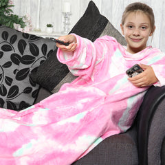 Girls Tie Dye Pink Wearable Snuggle Blanket With Sleeves Super Soft Warm Fleece