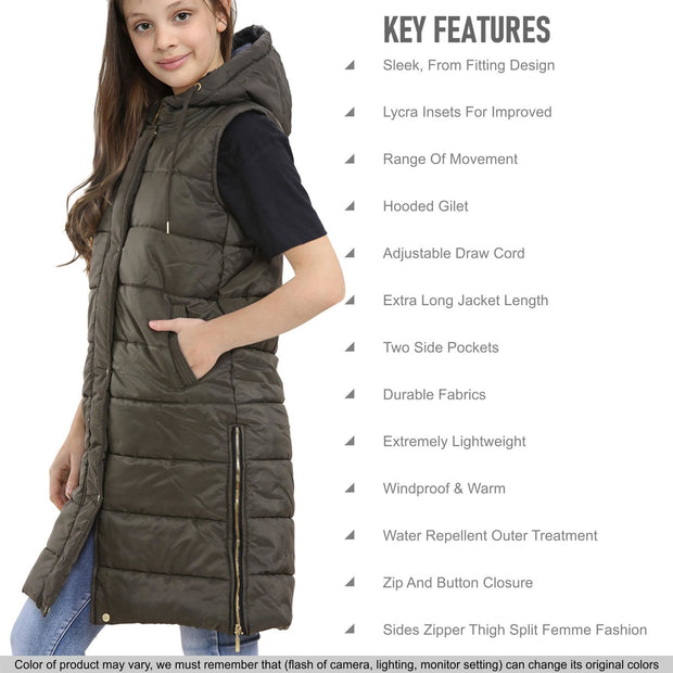 A2Z Kids Girls Fashion Gilet Olive Padded Long Line Vest Jacket Oversized Hooded Quilted Long Sleeveless Coat Urban Winter Wear Coat 7 8 9 10 11 12 13 Years