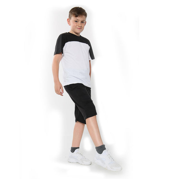 A2Z 4 Kids Two Colour Block Contrast Panel Black Top & Shorts Set Short Sleeves T Shirt Summer Outfit 2 Piece Activewear Girls Boys Age 5-13 Years