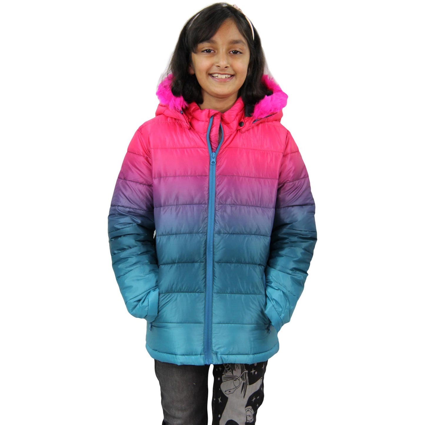 Kids Girls Puffer Jacket Faux Fur Hooded 3D Fade Gradient Padded Thick Warm Coat