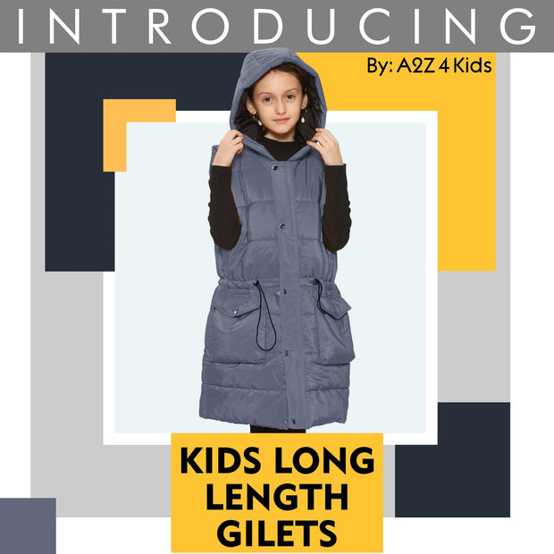 A2Z Kids Girls Down Vest Fashion Oversized Grey Hooded Quilted Gilet Padded Long Line Vest Jacket Long Sleeveless Coat Urban Winter Wear Age 7-13 Years