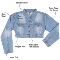 Ladies Women Fashion Cropped Denim Jacket Jean Long Sleeve Jacket Size 8-20