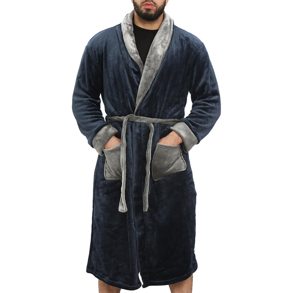 Adults Fleece Bathrobe Navy Dressing Gown Soft Changing Robe Ladies Gents Gift