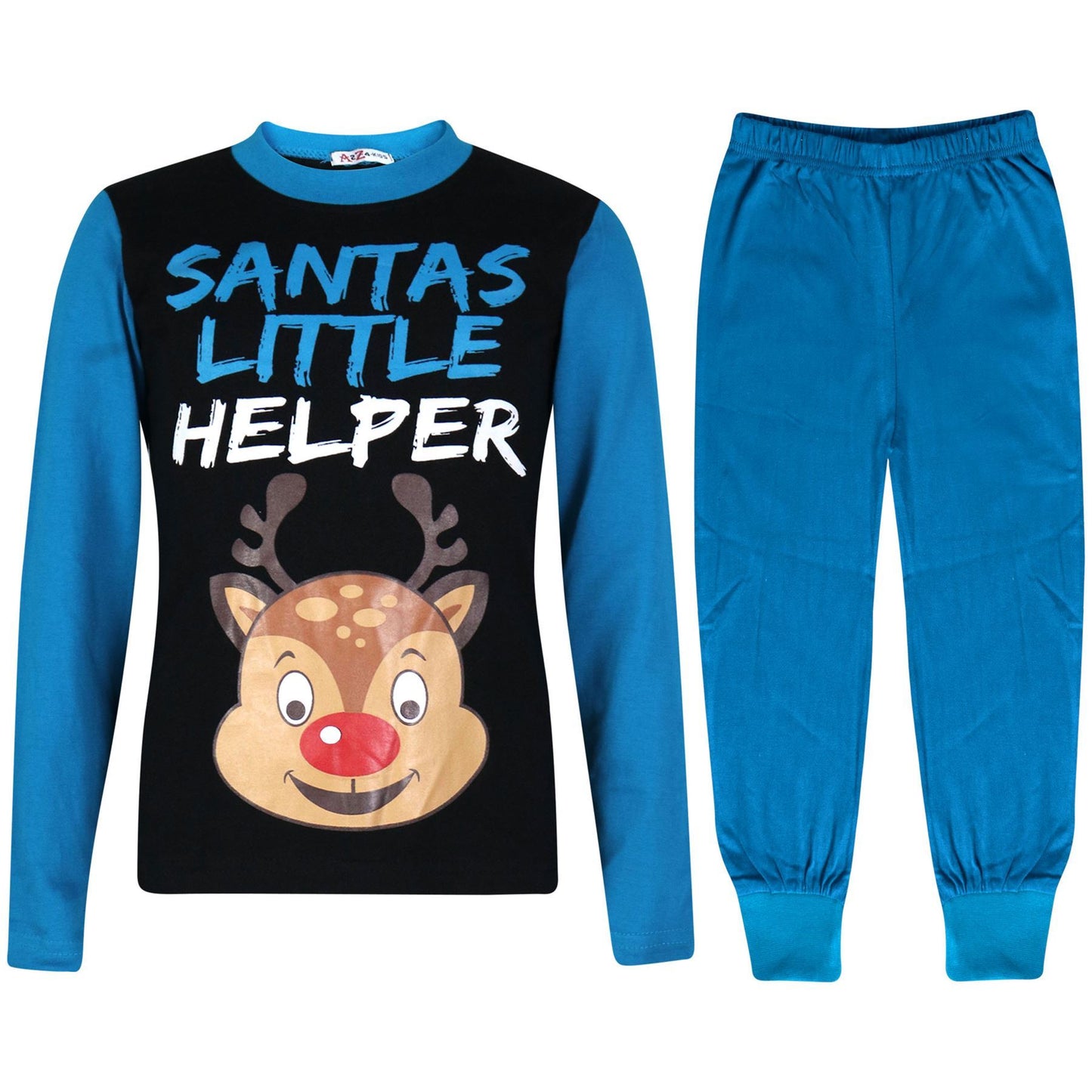 Kids Girls Boys Pyjamas Santas Little Helper Reindeer Contrast Sleeves Xmas PJS