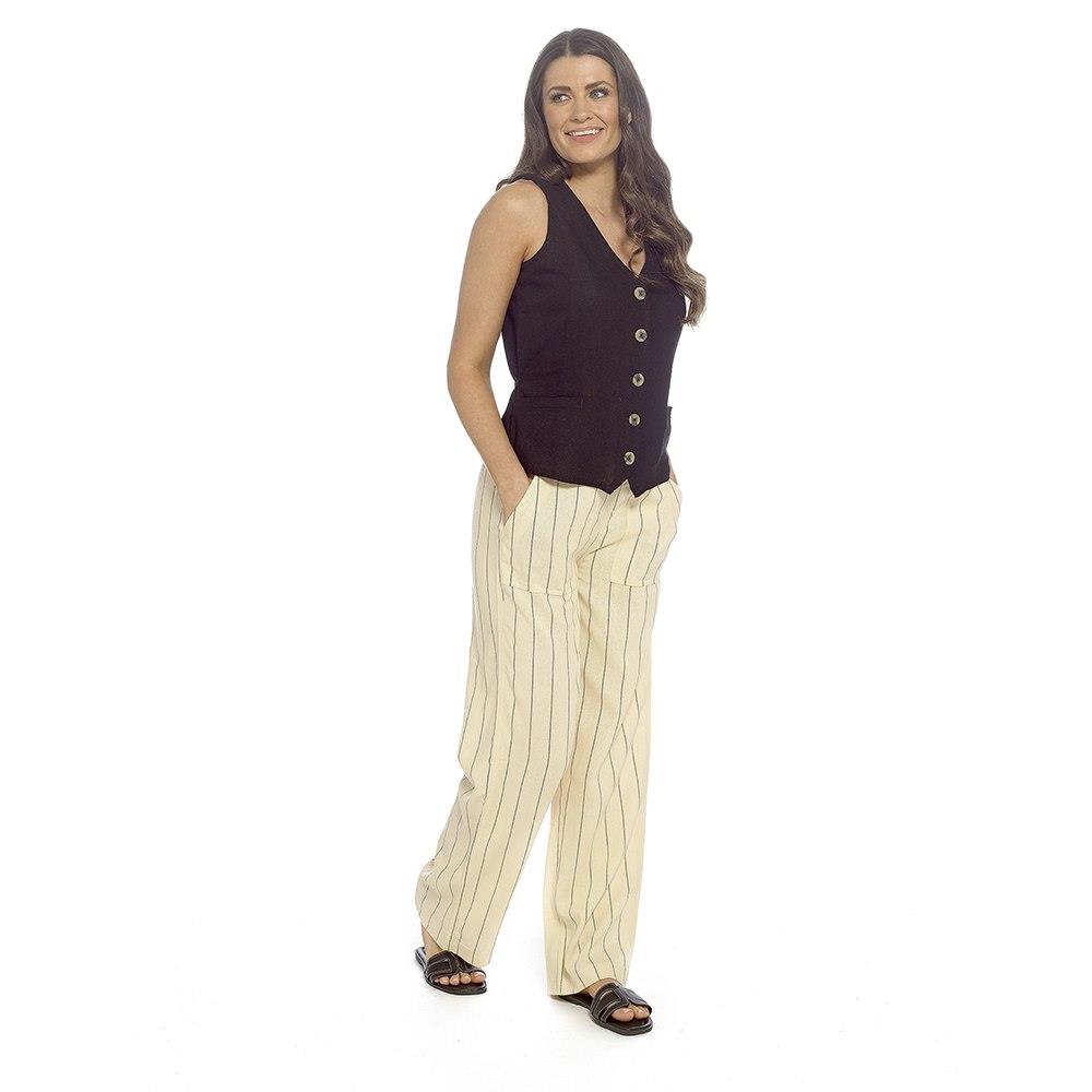 Ladies Linen Blend Elasticated Back Stripe Wide Leg Summer Holiday Trousers