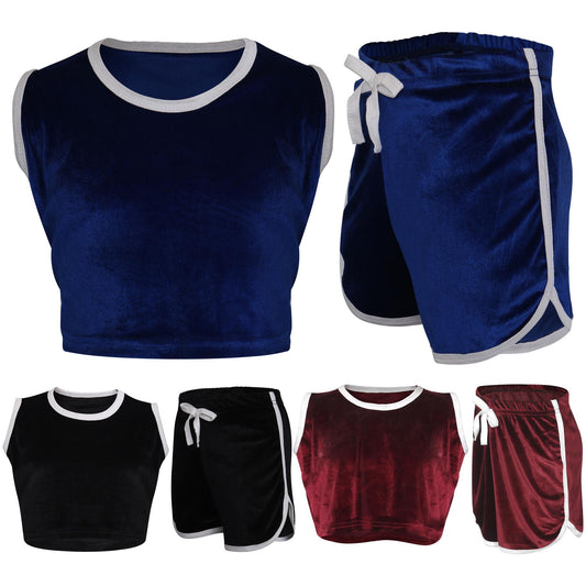 A2Z 4 Kids Girls Velour Crop Top Shorts Set Contrast Taped Outfit Clothing Sets