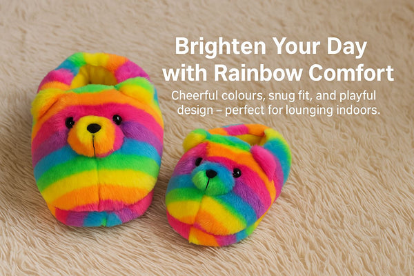 Kids Girls Womens 3D Rainbow Bear Slippers Cute Animal Face Soft Plush Warm Shoe