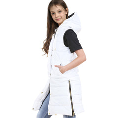 Kids Girls Oversized Gilet Long Line Hooded Quilted Jacket Long Sleeveless Coat