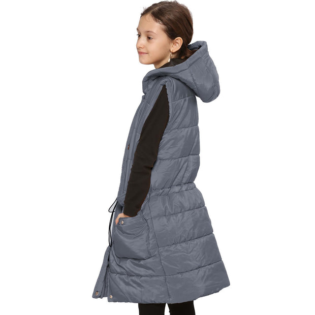 A2Z Kids Girls Down Vest Fashion Oversized Grey Hooded Quilted Gilet Padded Long Line Vest Jacket Long Sleeveless Coat Urban Winter Wear Age 7-13 Years