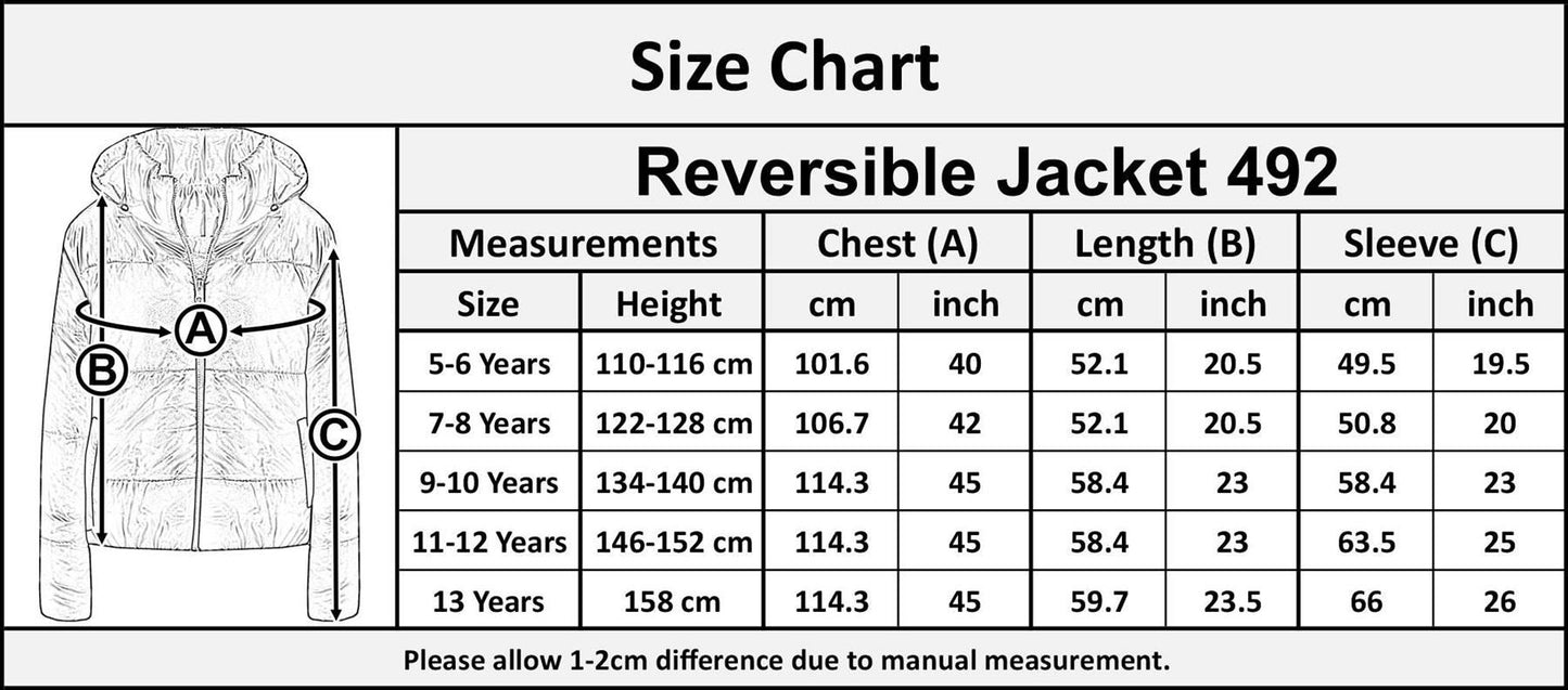 Girls Jackets Kids Reversible Cropped Hooded Padded Puffer Jacket Coat 5-13 Year