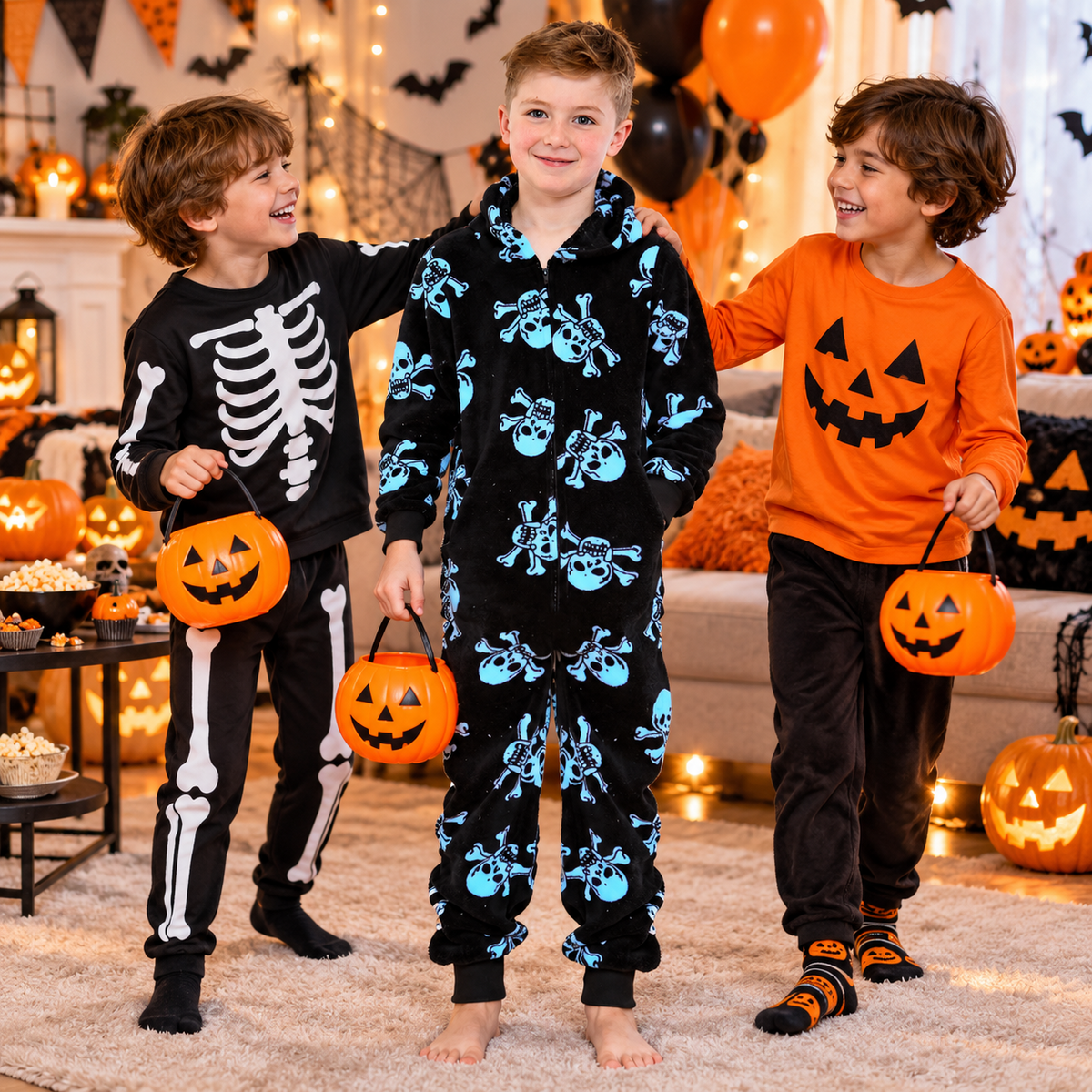 Kids Fun Halloween Skull Bones Print Onesie Pyjama Sets For Girls Boys Jumpsuit