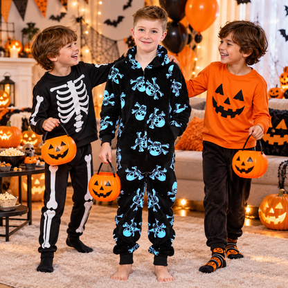 Kids Fun Halloween Skull Bones Print Onesie Pyjama Sets For Girls Boys Jumpsuit