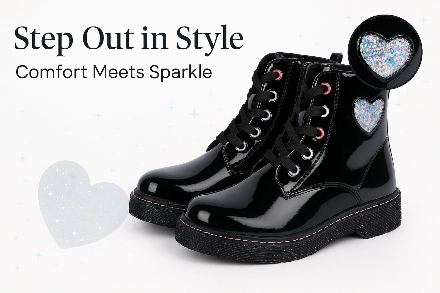 A2Z 4 Kids Girls Teens Ladies School Shoes Black Patent Glitter Heart Ankle Boot
