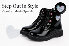 A2Z 4 Kids Girls Teens Ladies School Shoes Black Patent Glitter Heart Ankle Boot