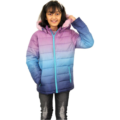Kids Girls Puffer Jacket Faux Fur Hooded 3D Fade Gradient Padded Thick Warm Coat