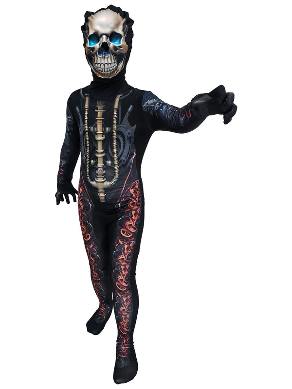 Boys Girls Mecha Skeleton Halloween Costume with Skull Mask Scary Jumpsuit 3-14