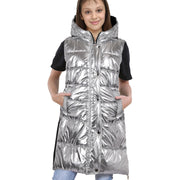 A2Z Kids Girls Fashion Oversized Hooded Quilted Gilet Silver Foil Color Padded Long Line Vest Jacket Long Sleeveless Coat Urban Winter Wear Coat 7-13 Years