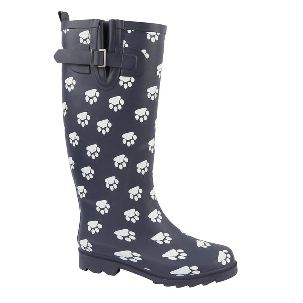 Ladies Paw Print Wellington Waterproof Long Wellies Rubber Sole Outdoor Boots
