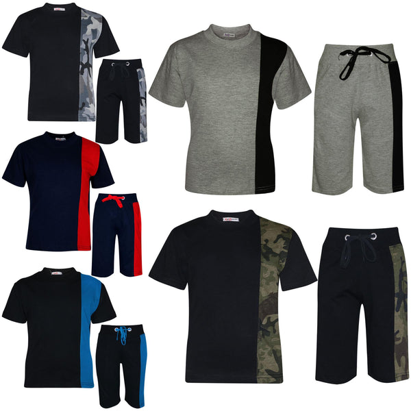 Kids Boys T Shirt Shorts 100% Cotton Contrast Panel Top Summer Short Set 5-13 Yr