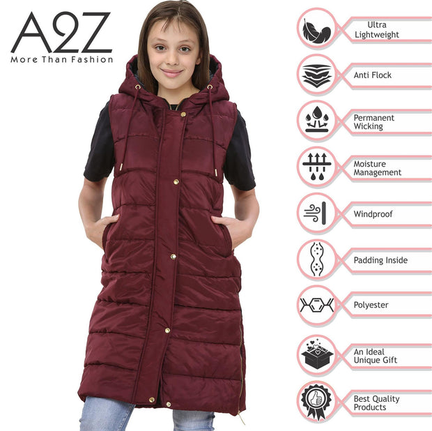 A2Z Kids Girls Fashion Gilet Wine Padded Long Line Vest Jacket Long Sleeveless Coat Urban Winter Wear Oversized Hooded Quilted Coat 7 8 9 10 11 12 13 Years