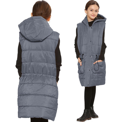 A2Z Kids Girls Down Vest Fashion Oversized Grey Hooded Quilted Gilet Padded Long Line Vest Jacket Long Sleeveless Coat Urban Winter Wear Age 7-13 Years