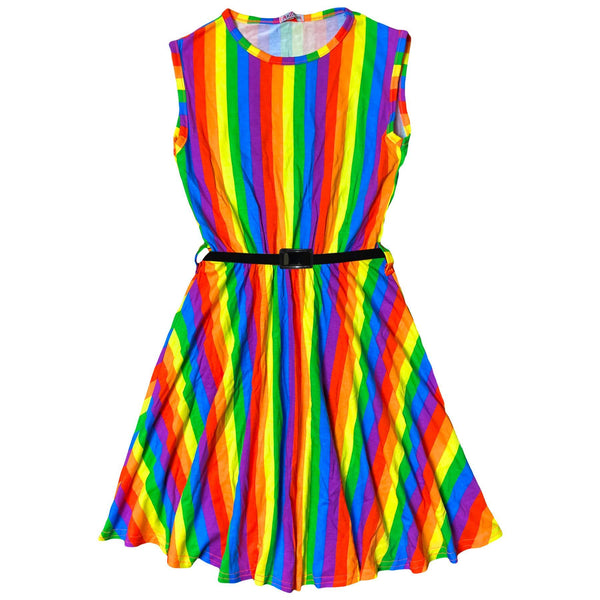 Kids Girls Skater Dress Rainbow Sleeveless With Free Belt New Age 7-13 Years