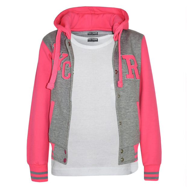 A2Z 4 Kids Girls Boys Grey & Neon Pink Baseball Tracksuit NYC Jacket & Trouser Sports Hoodie Bottom Joggers Age 2 3 4 5 6 7 8 9 10 11 12 13 Years