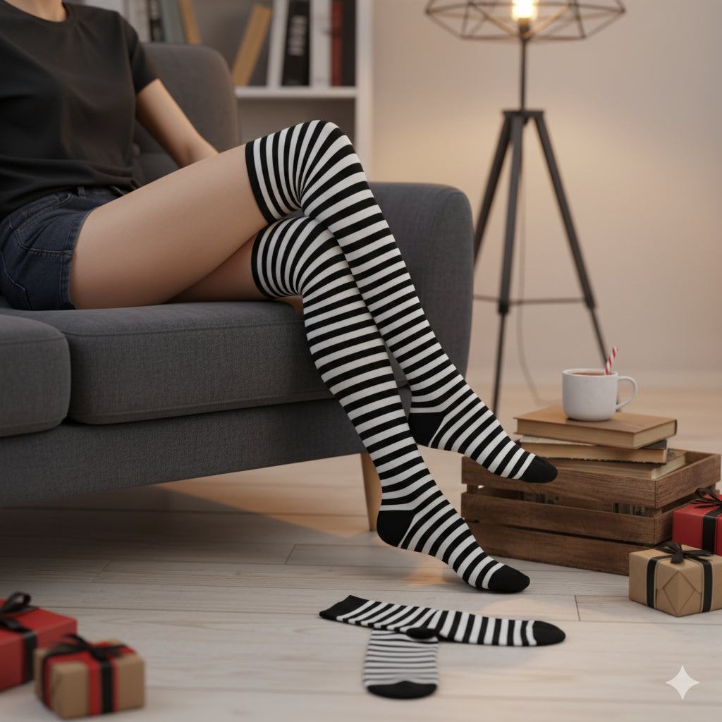 Kids Striped Over Knee Socks Black & White Halloween Witch Clown Fancy Dress