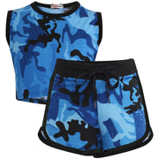 A2Z 4 Kids Girls Shorts Set 100% Cotton Contrast Taped Trendy Fashion Summer Camouflage Blue T Shirt Top and Hot Short Pants Outfit Set New Age 5 6 7 8 9 10 11 12 13 Years