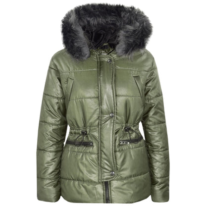 Kids Girls Jackets Puffer Hooded Detachable Faux Fur Wet Look Padded Long Coats
