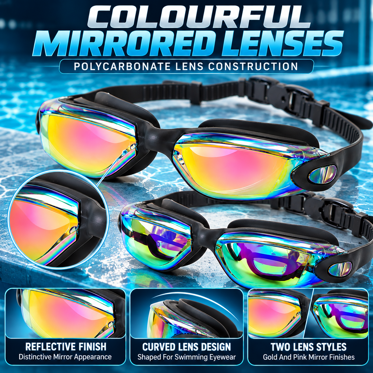 A2Z Adult Swimming Goggles 2 Pack Adjustable Strap Silicone Frame Pool Eyewear