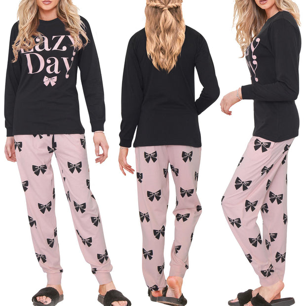 A2Z Ladies 2 Piece Pyjama Set Loungewear Soft Cotton PJS Lazy Day Printed Long Sleeve Black Top Bottom Gift for Ladies Matching PJS Lounge Suit S/M/L/XL/2XL