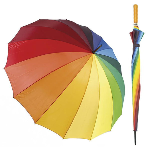 A2Z Rainbow Golf Umbrella 16 Panel Wooden Handle Rain And UV Protection