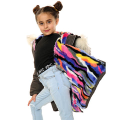 Kids Faux Fur Lined Parka Coat Rainbow Fur Hooded Jacket Girls Boys Age 2-13 Yrs
