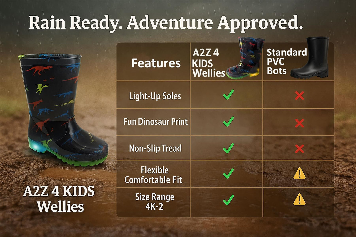A2Z 4 kids Boys Girls Dinosaur Print Light Up Wellington Boots PVC Rain Wellies