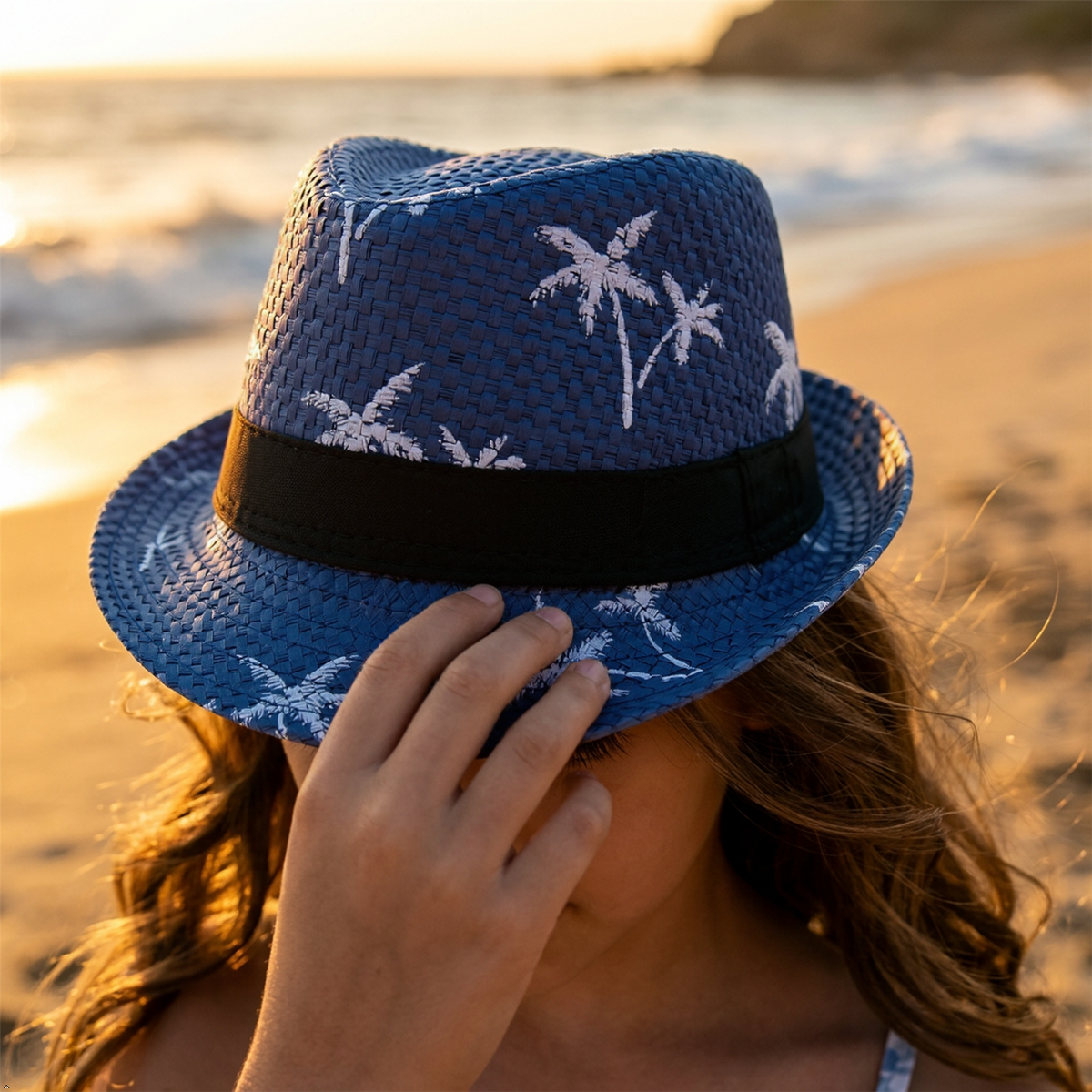 Kids Boys Girls Trilby Hat Palm Tree Beaded Summer Fedora Beach Holiday Sun Hat