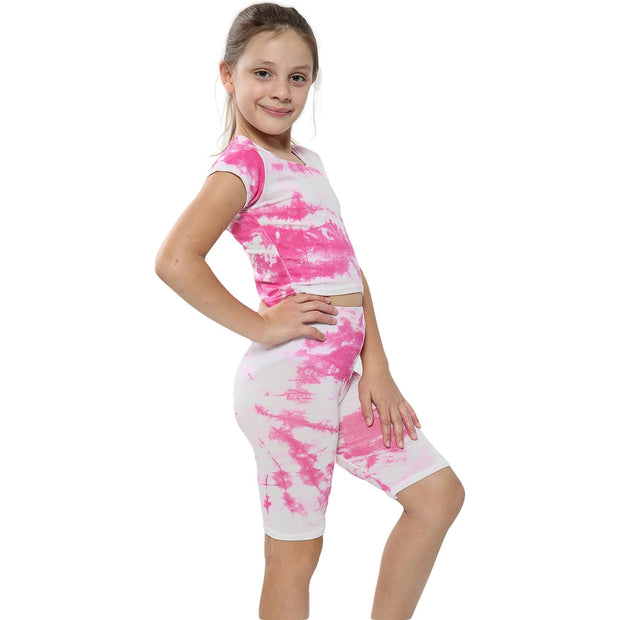 A2Z 4 Kids Tie Dye Pink Crop Top & Cycling Shorts Set Short Sleeves T Shirt Summer Outfit 2 Piece Activewear Girls Boys Age 5-13 years