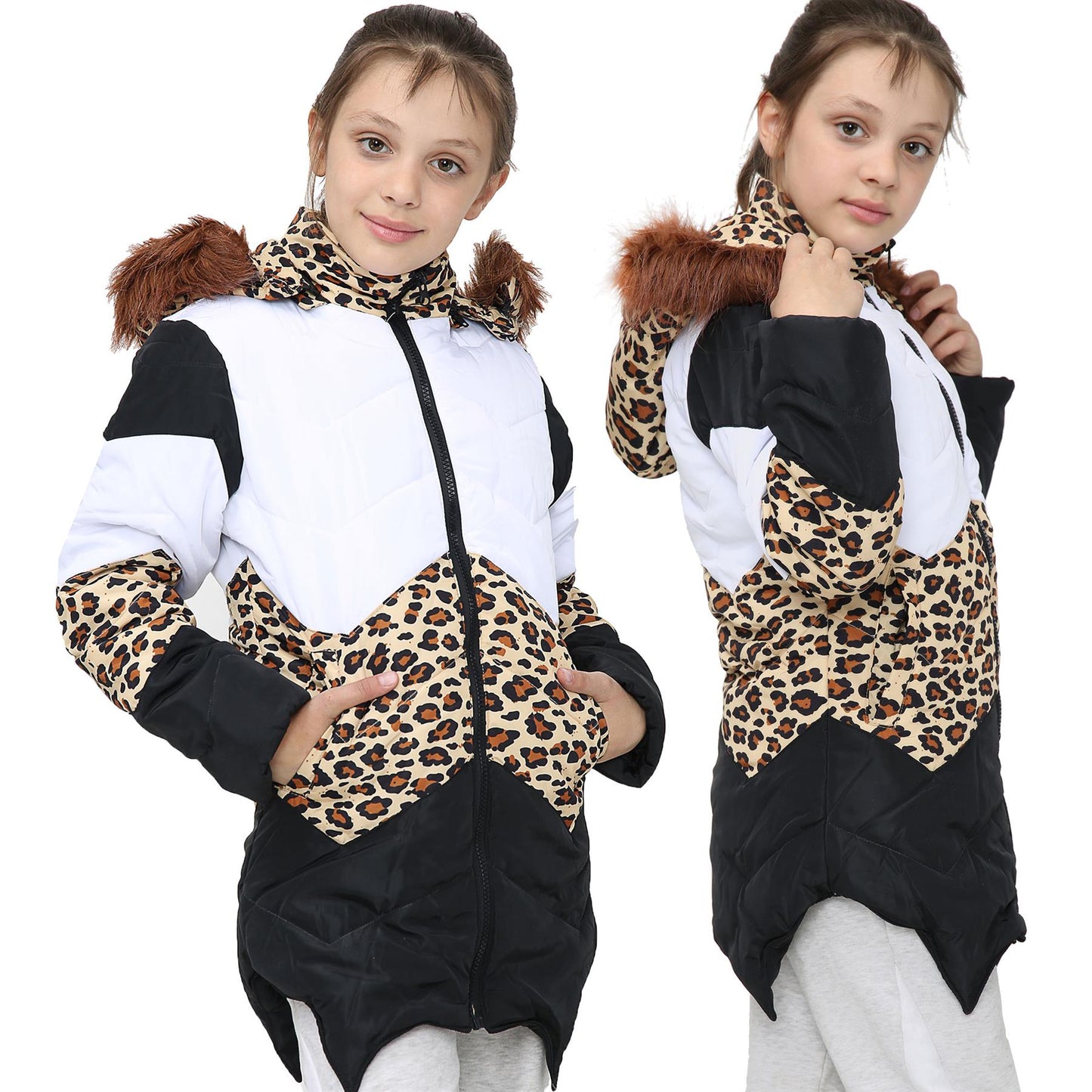 Kids Hooded Contrast Panel Puffer Coat Faux Fur Jacket For Girls 2-13yrs