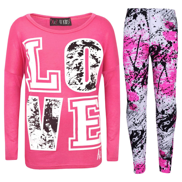 A2Z 4 Kids Girls Love Print Top Short Sleeve T-Shirt & Splash Print Fashion Leggings Set Age 5-13 years