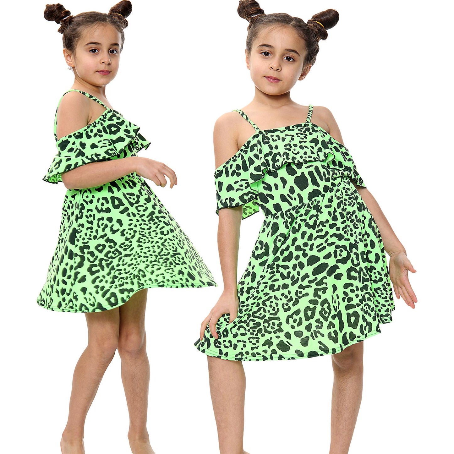 Kids Girls Skater Dress Leopard Print Summer Party Off Shoulder Dress 5-13 Years