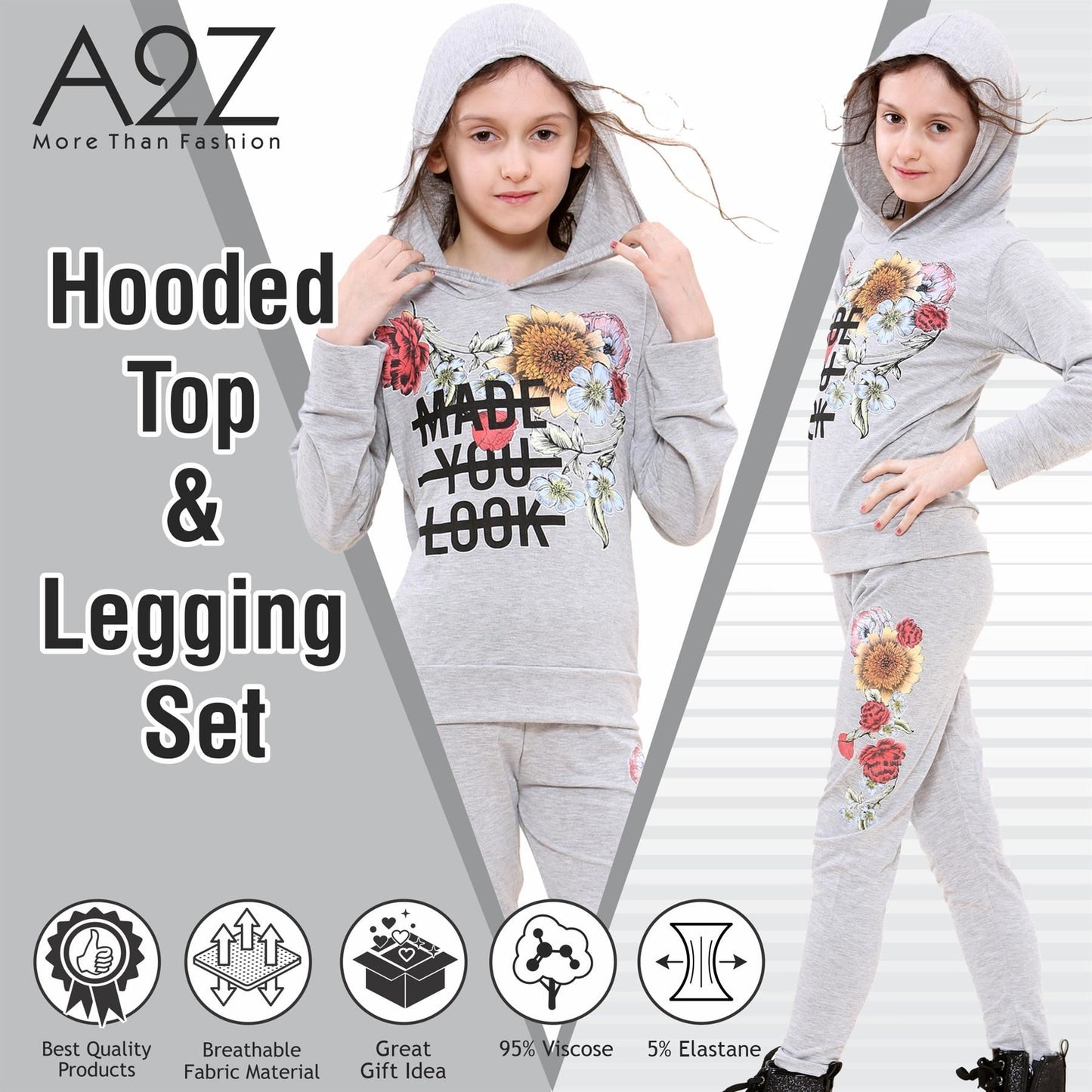 Girls Top Kids Made You Look Print Long Sleeves Hooded Top & Legging Set 5-13 Yr