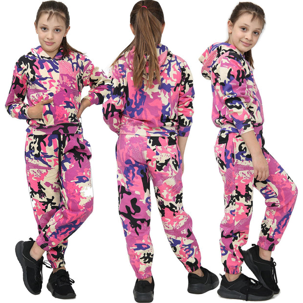 A2Z 4 Kids Girls Boys Unisex Tracksuit Camouflage Baby Pink Print Hooded Sweat Hoodie & Bottom Jog Suit Joggers Age 5 6 7 8 9 10 11 12 13 Years