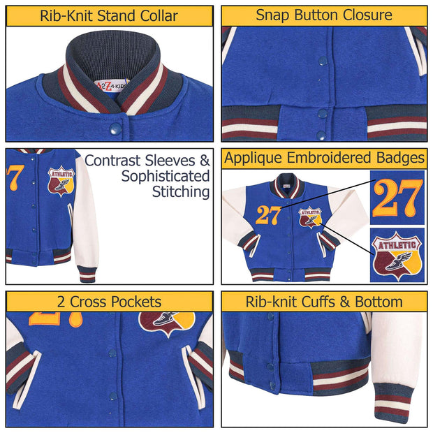 Kids Girls Boys Baseball Jacket Varsity Style Athletic Embroidered School Jacket - A2Z 4 Kids