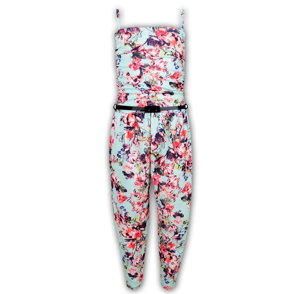 Girls Mint Green Abstract Floral Print Legging Midi Skater Dress Top Jumpsuit